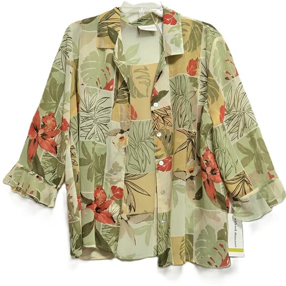 Alfred Dunner Multicolor Sheer Floral 3/4 Sleeve Button Front Blouse. - Picture 2 of 4
